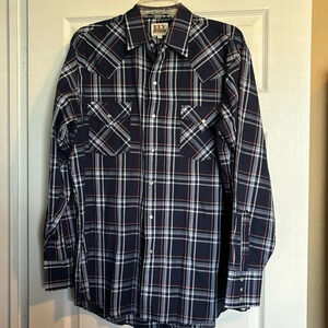Ely Cattleman men’s blue plaid pearl snap shirt size large